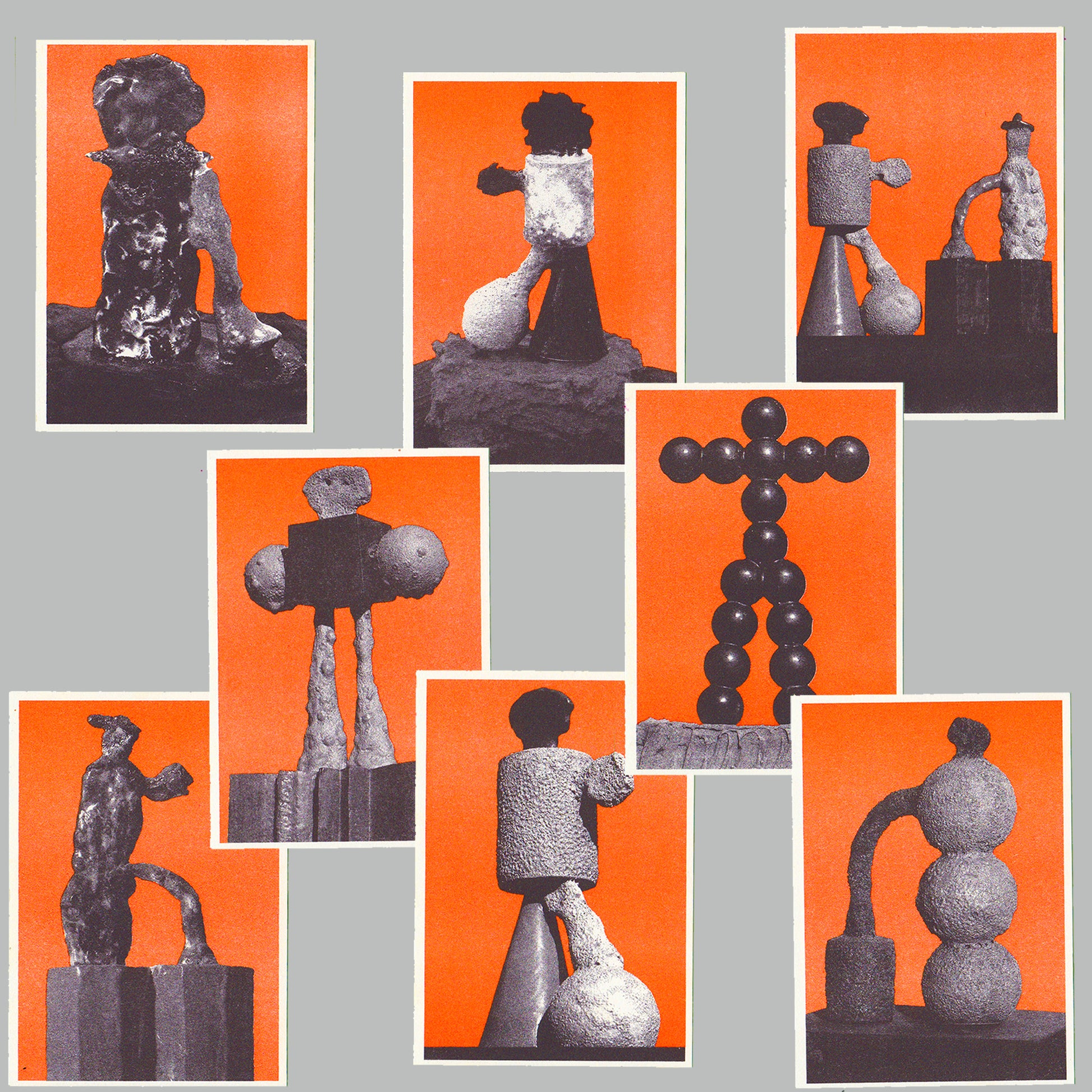 Collage of black and white sculptures on orange backgrounds